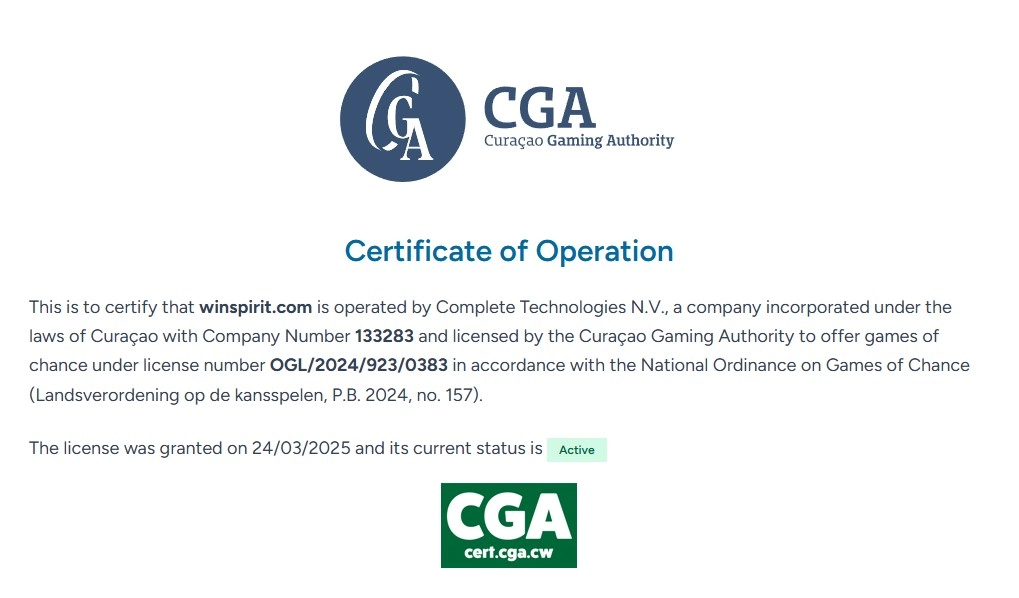 Reference image for the Curaçao Gaming Authority certificate for winspirit.com