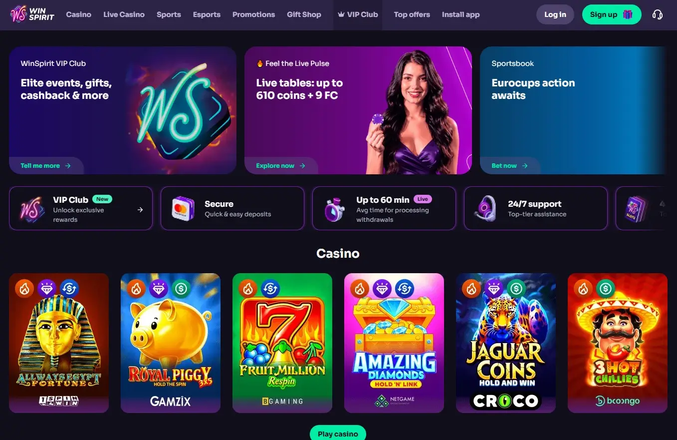 Reference image for the current WinSpirit homepage or casino lobby
