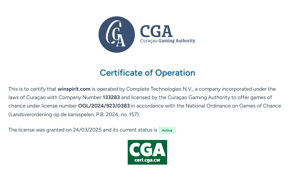 Curaçao Gaming Authority licence certificate for WinSpirit and Australian regulatory evidence