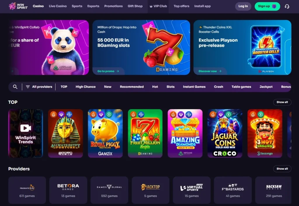 Current WinSpirit casino lobby showing game categories and provider navigation
