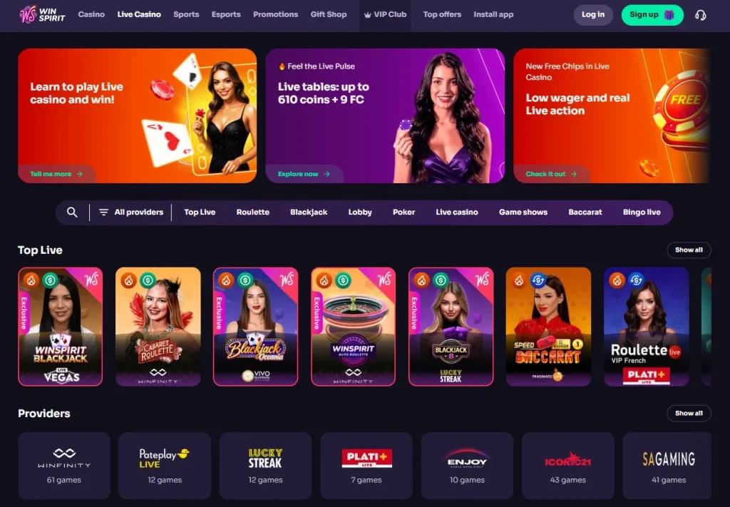 Current WinSpirit live casino lobby with streamed dealer game categories