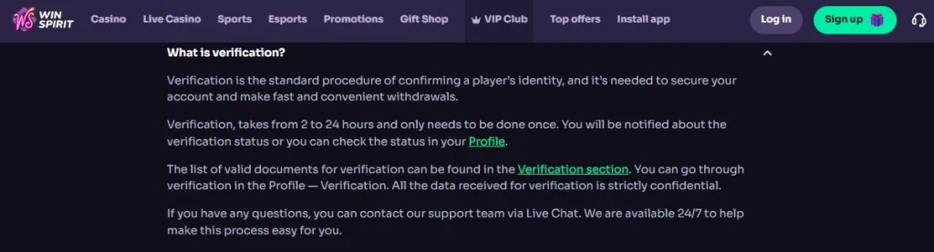 WinSpirit account verification area showing the current KYC process
