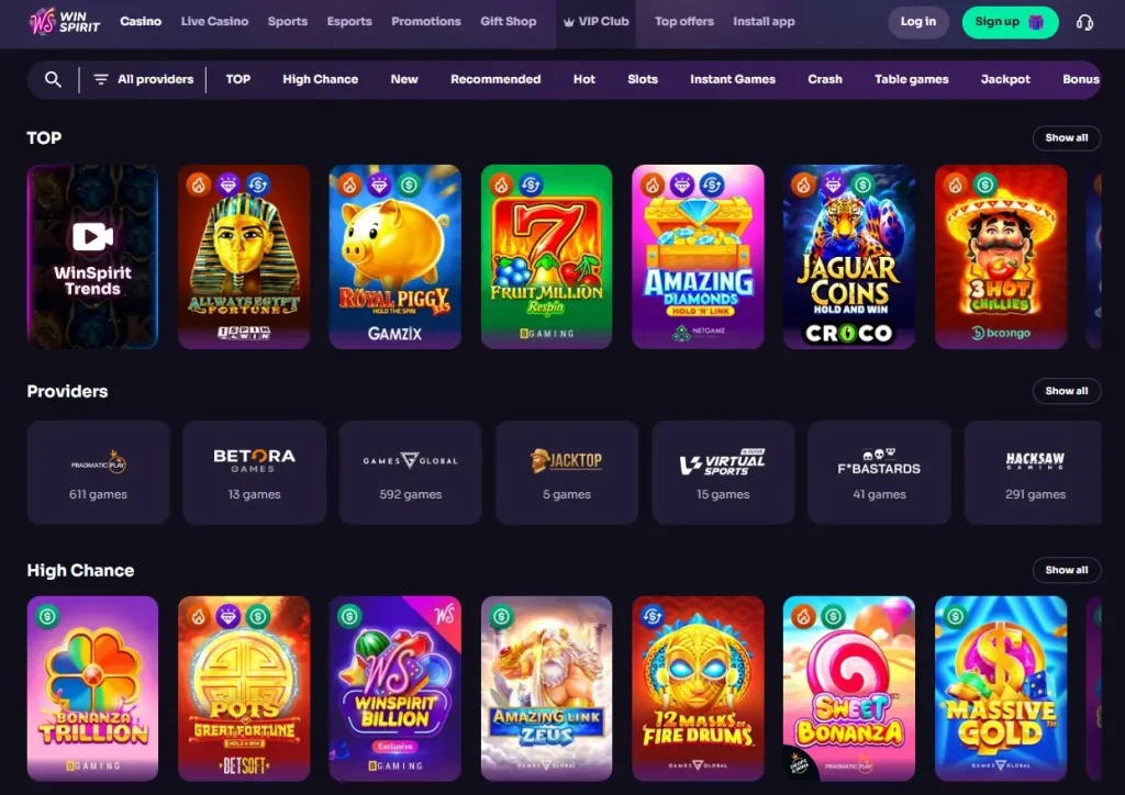 WinSpirit pokies and slots lobby with current categories and filters