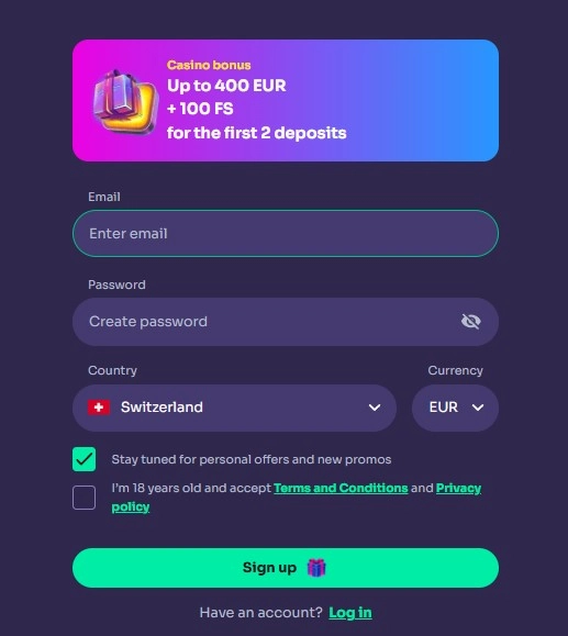 WinSpirit registration form with country and currency fields