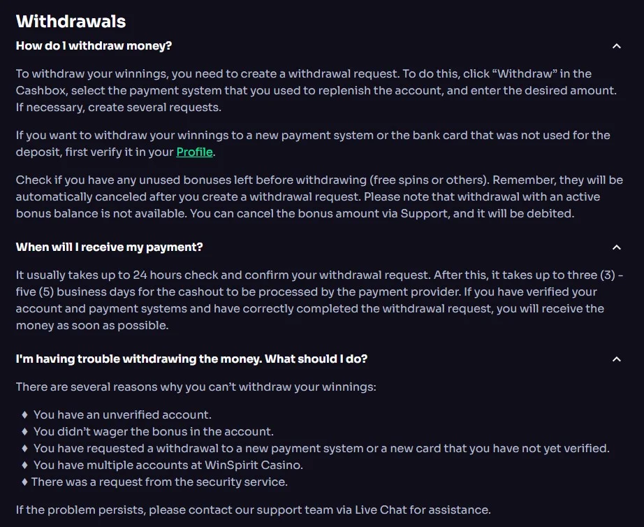 WinSpirit withdrawal Cashbox or official payment policy showing current payout options